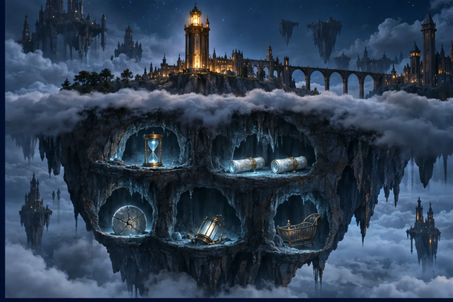 A floating isle in cross-section: a small tower above the clouds and five dim caverns below, each holding a small object.