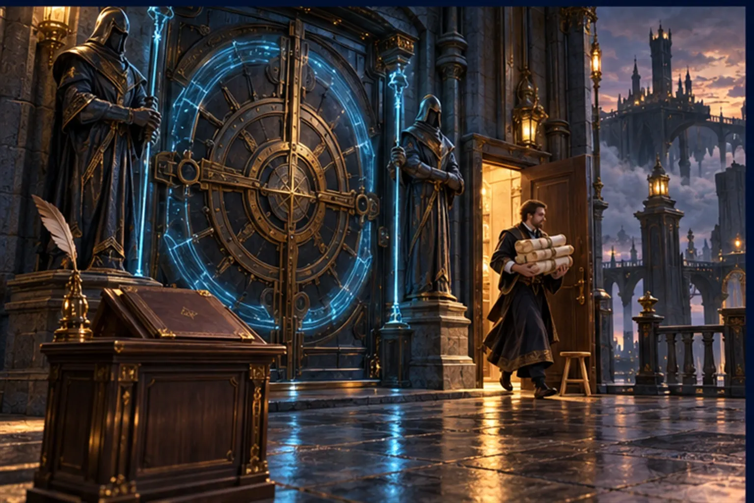 A sealed vault door guarded by a shield sigil, a side door propped open with a stool as a wizard carries out a glowing bundle.