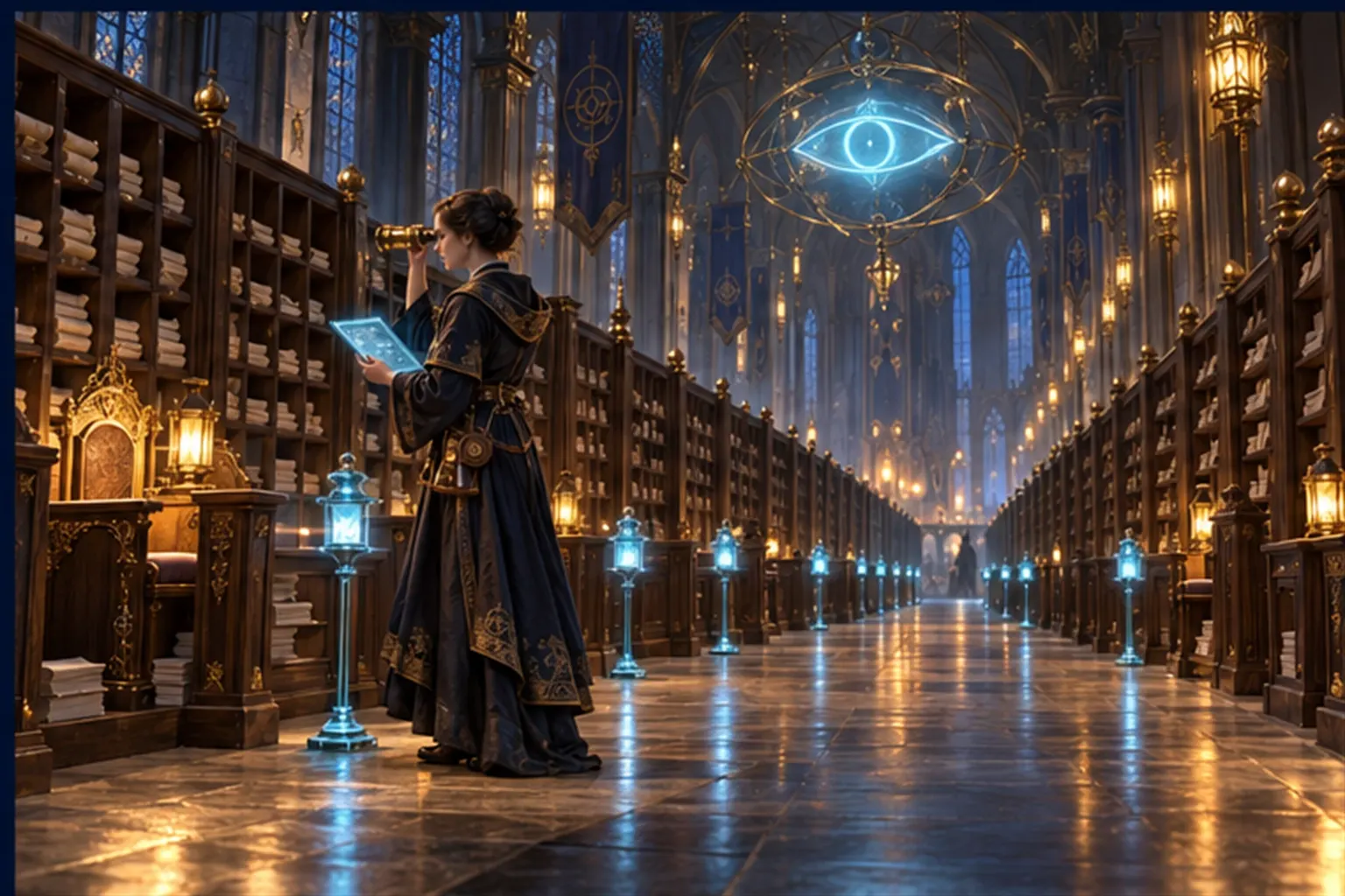 A wizard with a brass lens paces a hall of pigeonhole queues, marking ownerless ones with cyan lanterns under an eye sigil.