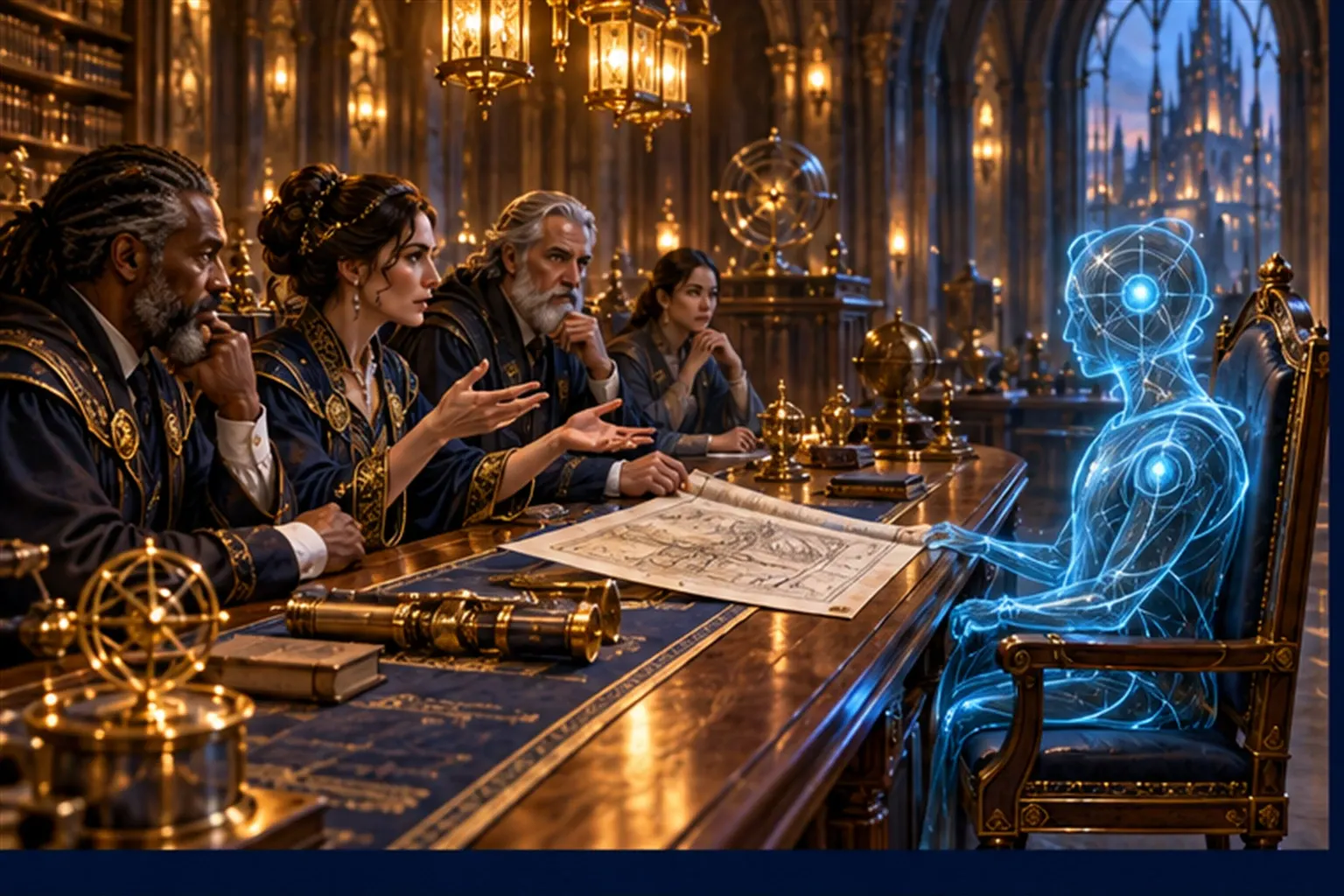 Wizards at a long guild table hand an unrolled brief with a gold border to a cyan agent sigil in a new chair at the end.