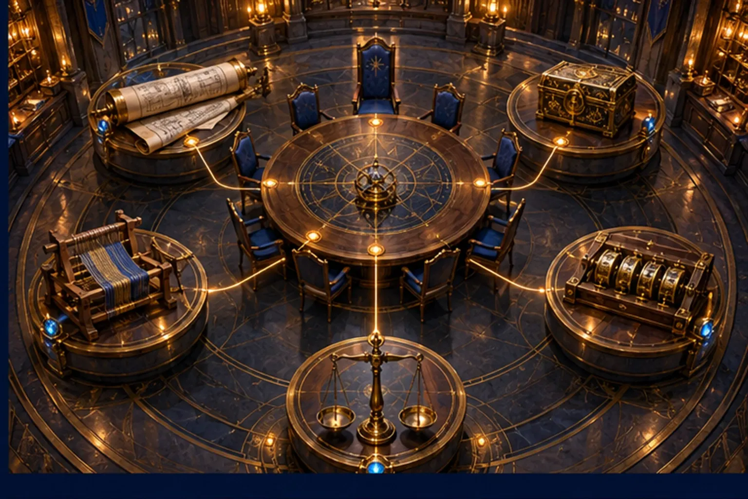 A round table with five brass objects around it, a blueprint, locked casket, row of dials, balance and loom, linked by gold lines to seats.