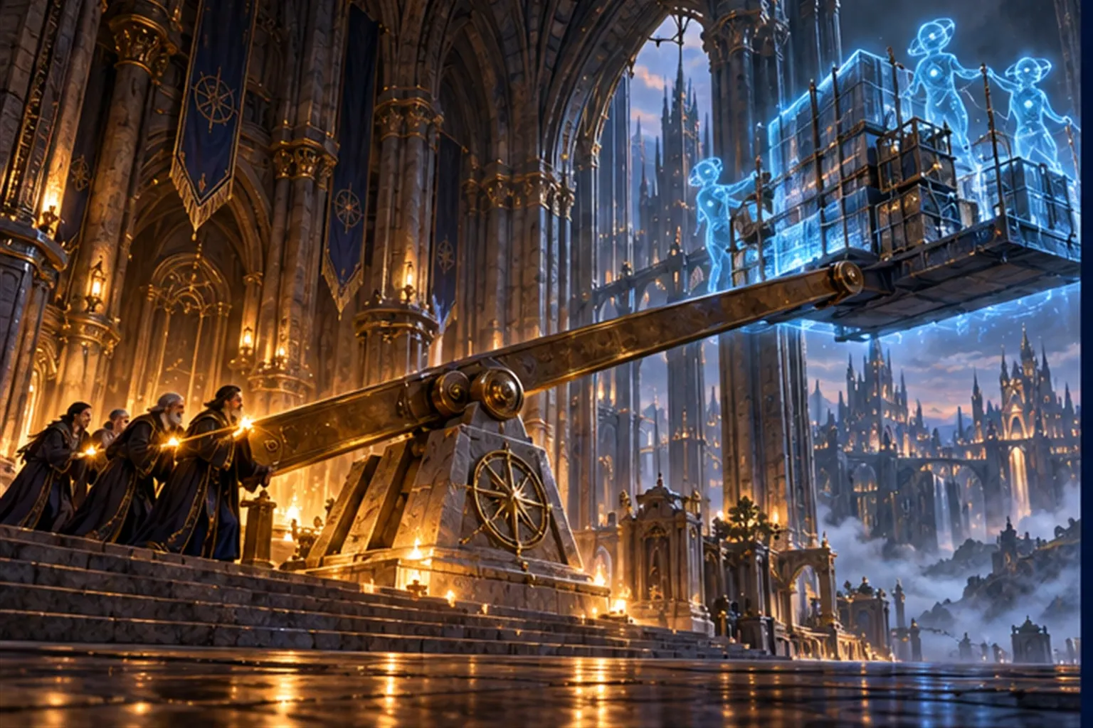 A huge brass lever on a stone fulcrum: a few wizards at the short end lift a vast glowing cargo steadied by cyan agents at the long end.