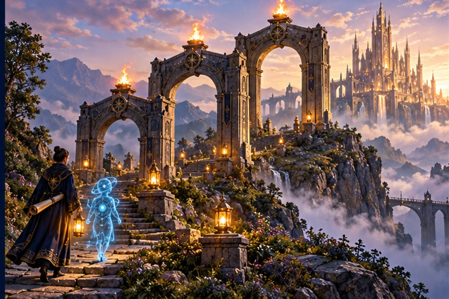A wizard with a lantern and brief climbs a hillside path through three rising stone arches, joined by a cyan sigil at the first.