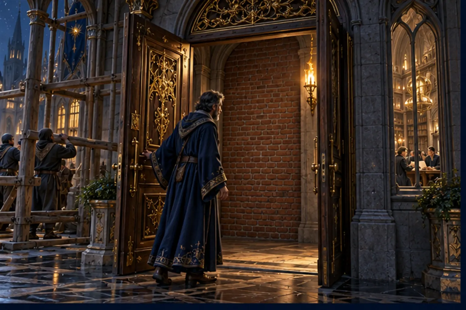 A newly finished ornate door opens onto a bare brick wall as a puzzled robed visitor stops, a busy renovated hall visible through a slit.