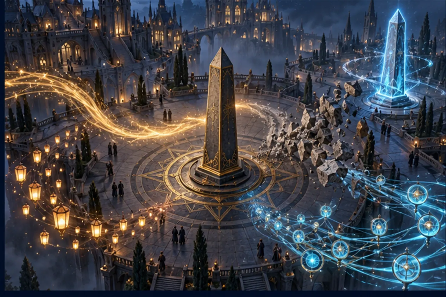 A still stone obelisk in a plaza with five currents of light swirling around it, one of them a brighter rival obelisk.