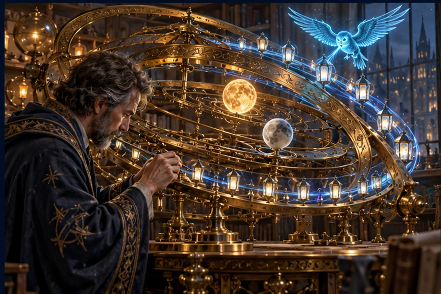 A brass orrery-clock with four nested rings turning at different speeds, a wizard adjusting one and a cyan winged sigil above.