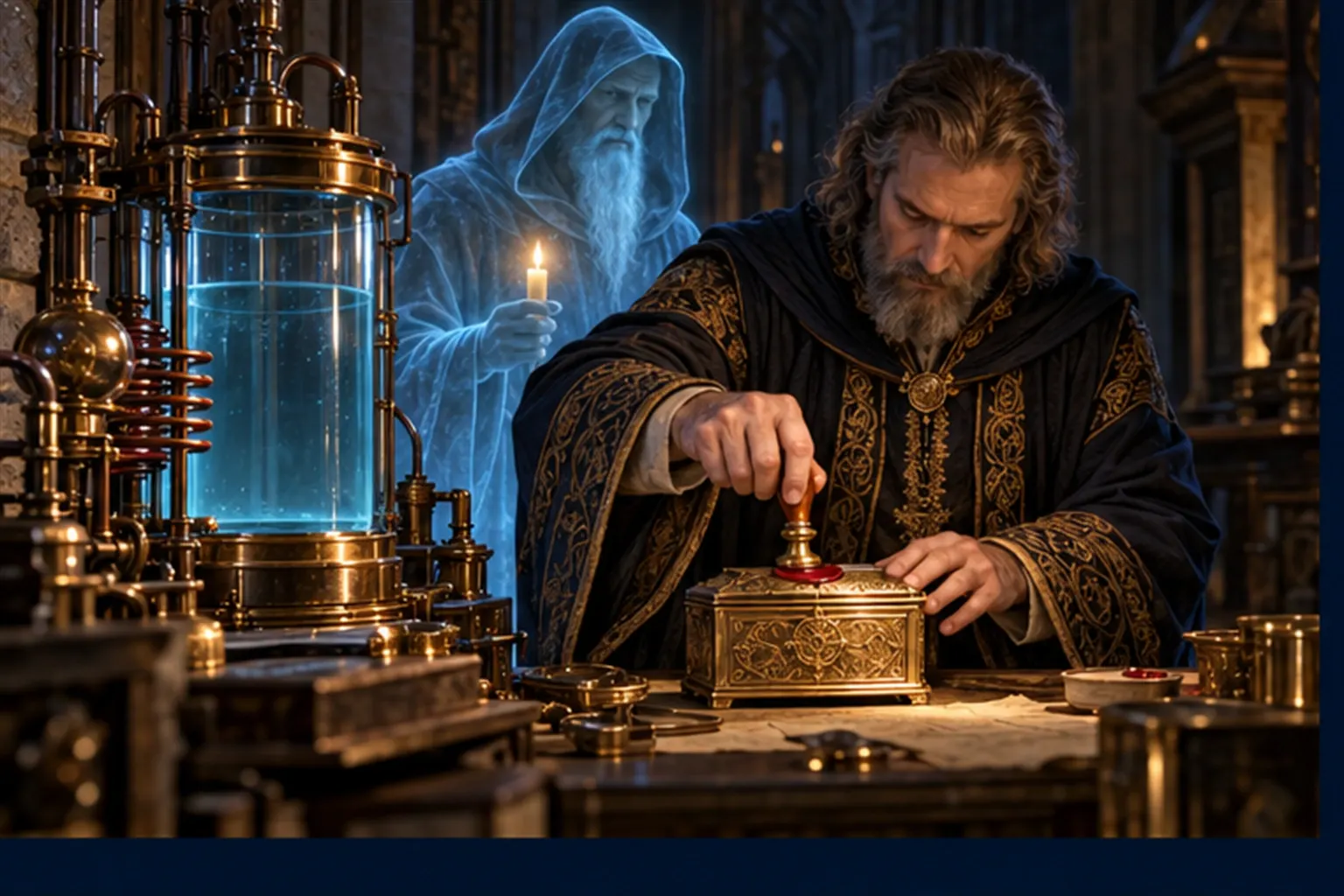 A wizard seals a brass casket with wax beside an unlit glass experiment cylinder, a hooded cyan figure holding a candle.