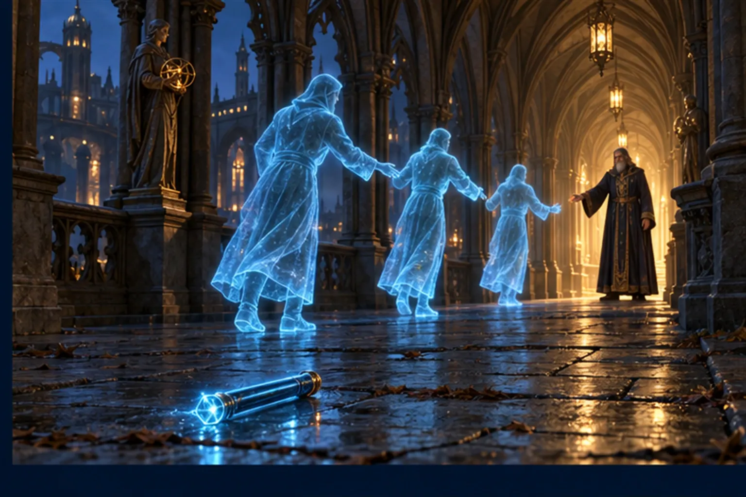Four cyan figures pass a glowing baton along an arcade, and it drops to the floor between two of them as a wizard waits.