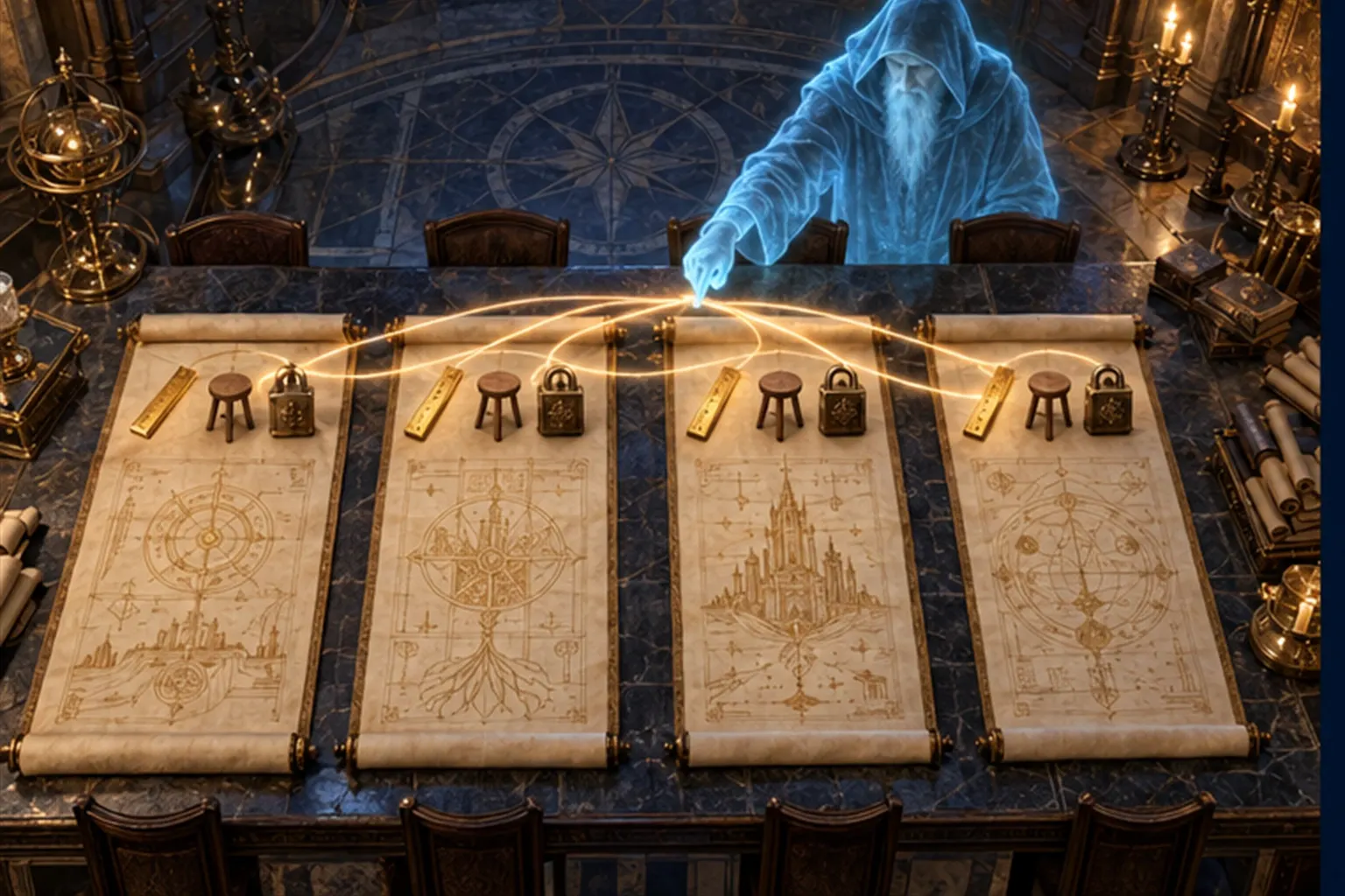Four scrolls on a stone table, each with a ruler, a wooden stool and a sealed lock, joined by gold threads, a cyan figure tracing one.