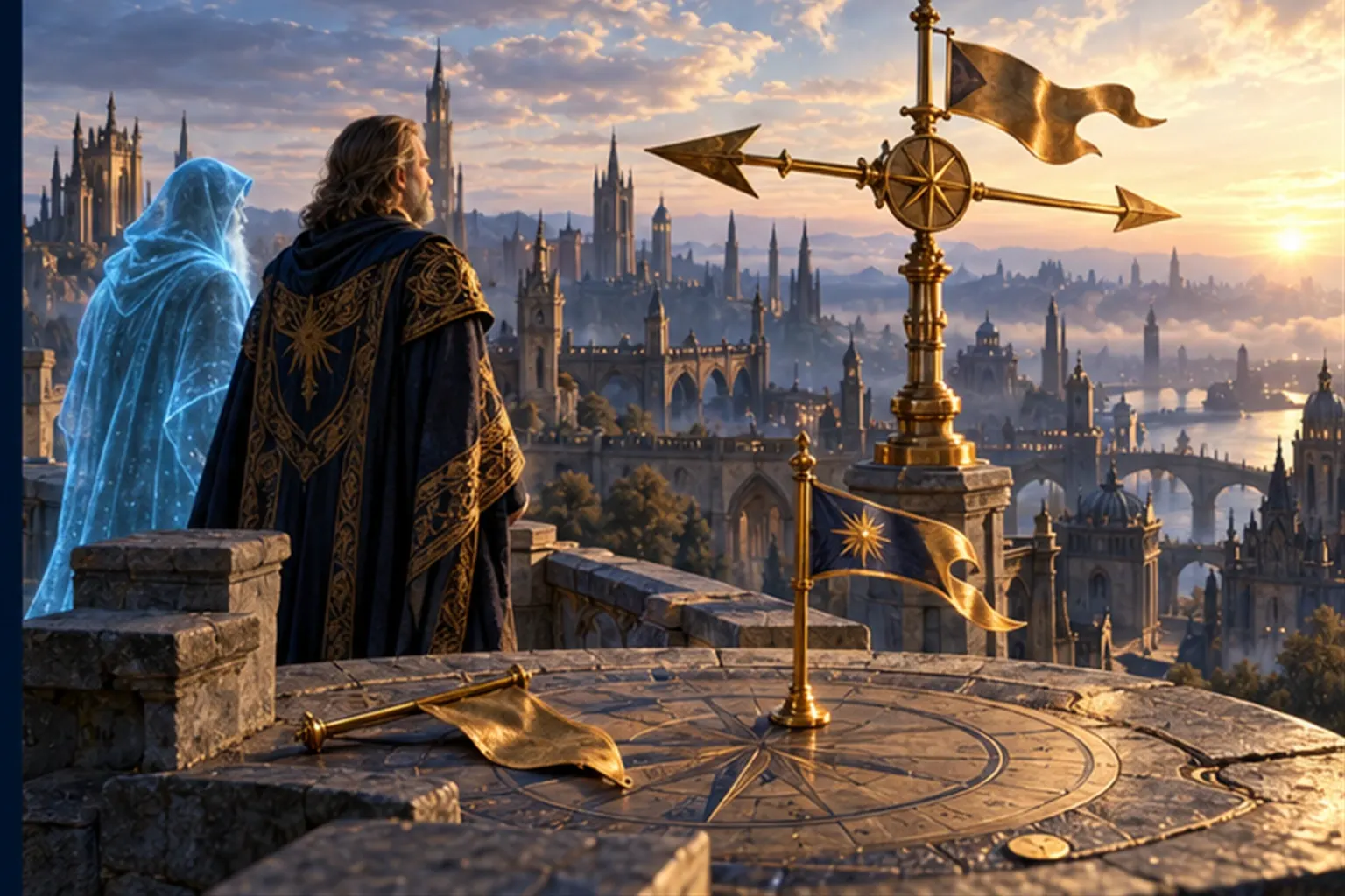 A wizard and a cyan hooded figure on a battlement at dawn watch a gold weathervane swing to a new direction, a toppled flag at their feet.