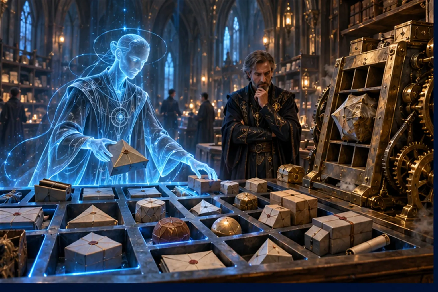 A cyan agent sorts oddly shaped parcels while a rigid brass sorting machine with square slots jams on one, a wizard watching.