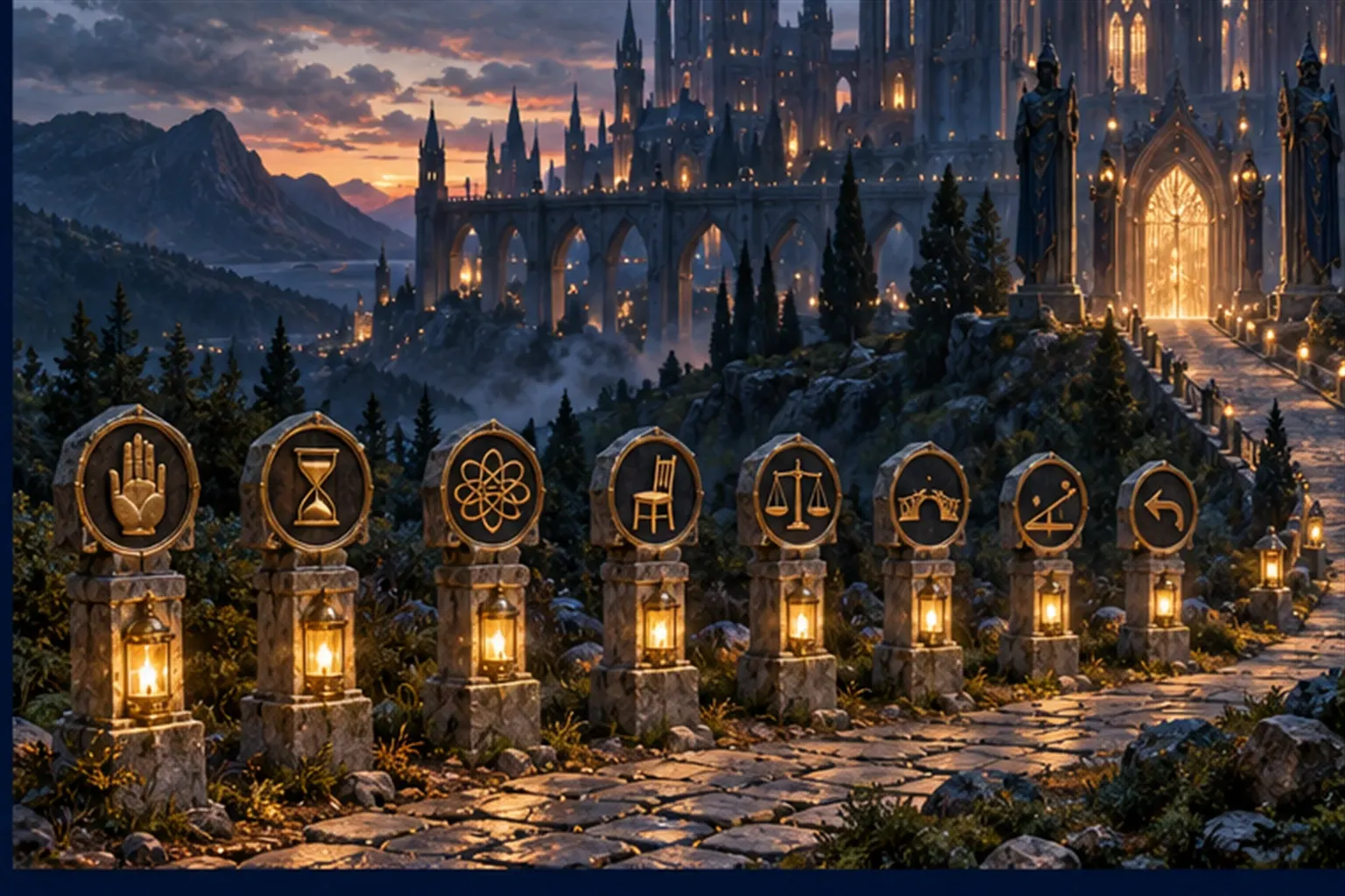 Eight stone road-markers in a row, each topped by a different small emblem, leading toward a distant gate at dusk.