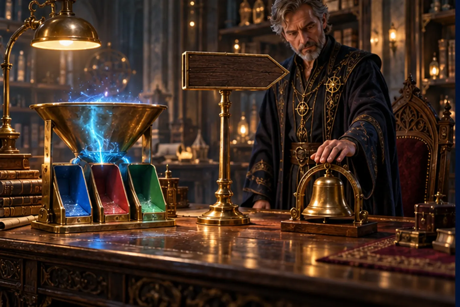 A workbench with a brass funnel-sorter, a plain blank signpost, and a small bell by an owner's chair, a wizard's hand resting on the bell.