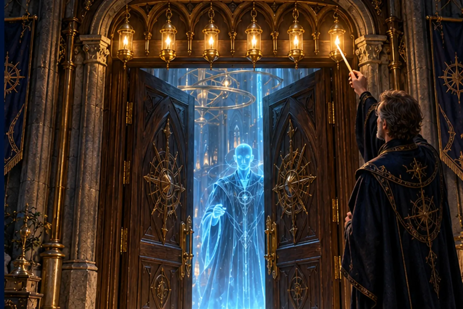 A wizard lights the sixth of six lamps above a workshop door, which swings open on a waiting cyan agent figure.
