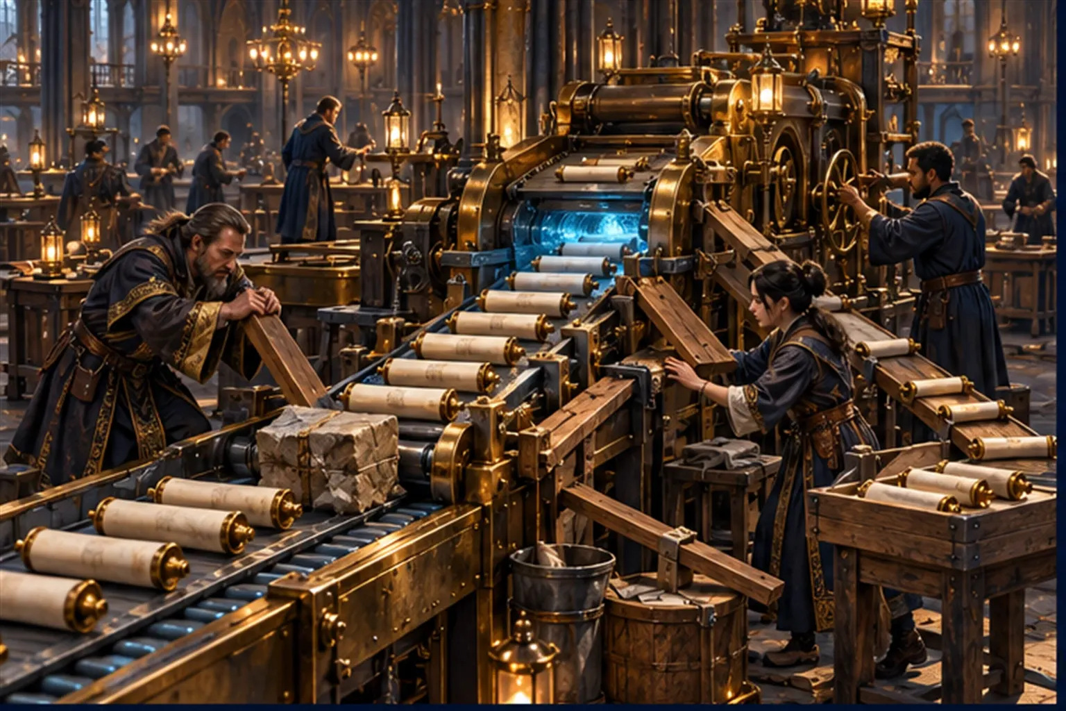 A brass machine jammed by an odd parcel, hung with wooden props and extra chutes as wizards add patch fixes beside a manual table.