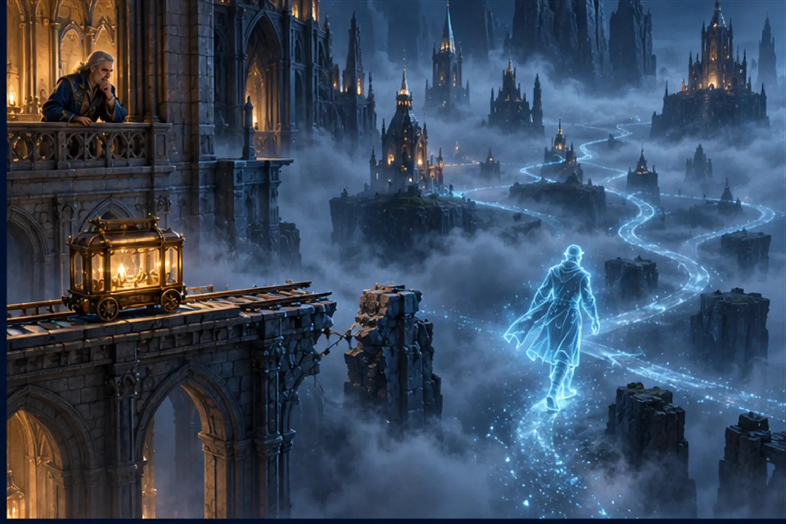 A lantern-cart halted at a stone barrier on one side, a cyan agent striding on into fog with unmarked forks on the other, a wizard watching.