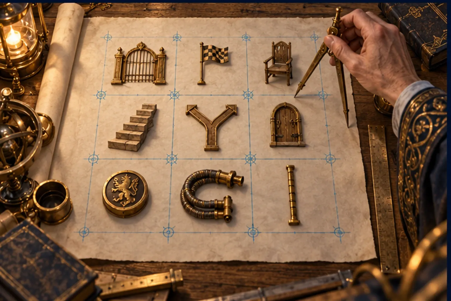 A drafting table with one vellum sheet holding nine small symbols in a grid, a wizard's hand holding brass compasses above.