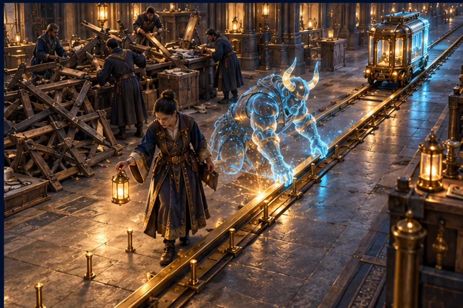 A wizard marks the workshop route with gold pins while others dismantle detours and a cyan horned-helm smith lays a straight rail.
