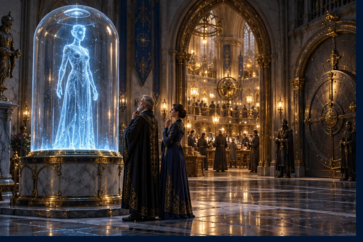 A glowing cyan figure sits under a glass dome in a quiet gallery while robed people look on and a busy hall lies beyond an archway.