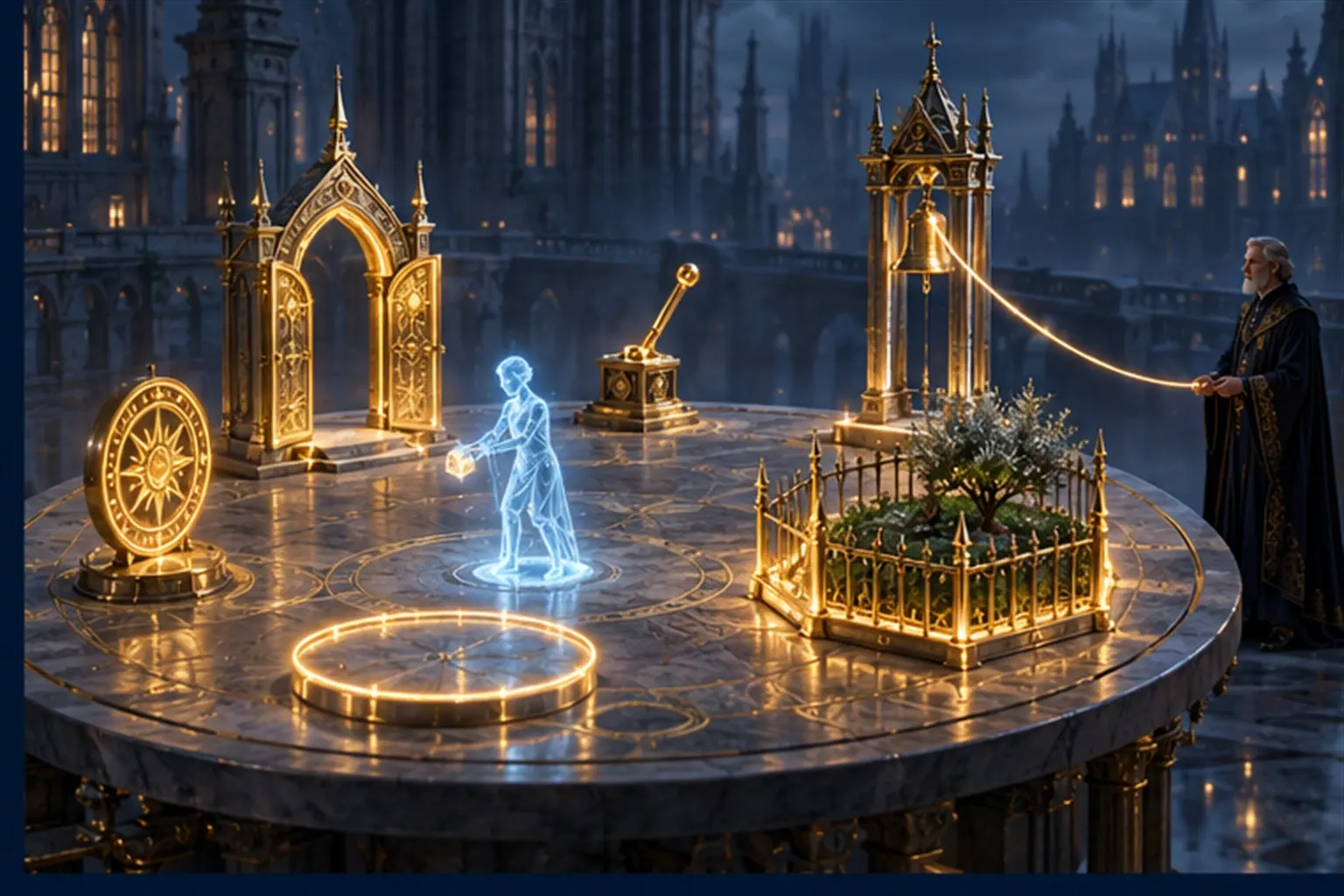 A small cyan agent on a round platform ringed by six gold structures: a seal, a gate, a lever, a fence, a ring and a bell tower.