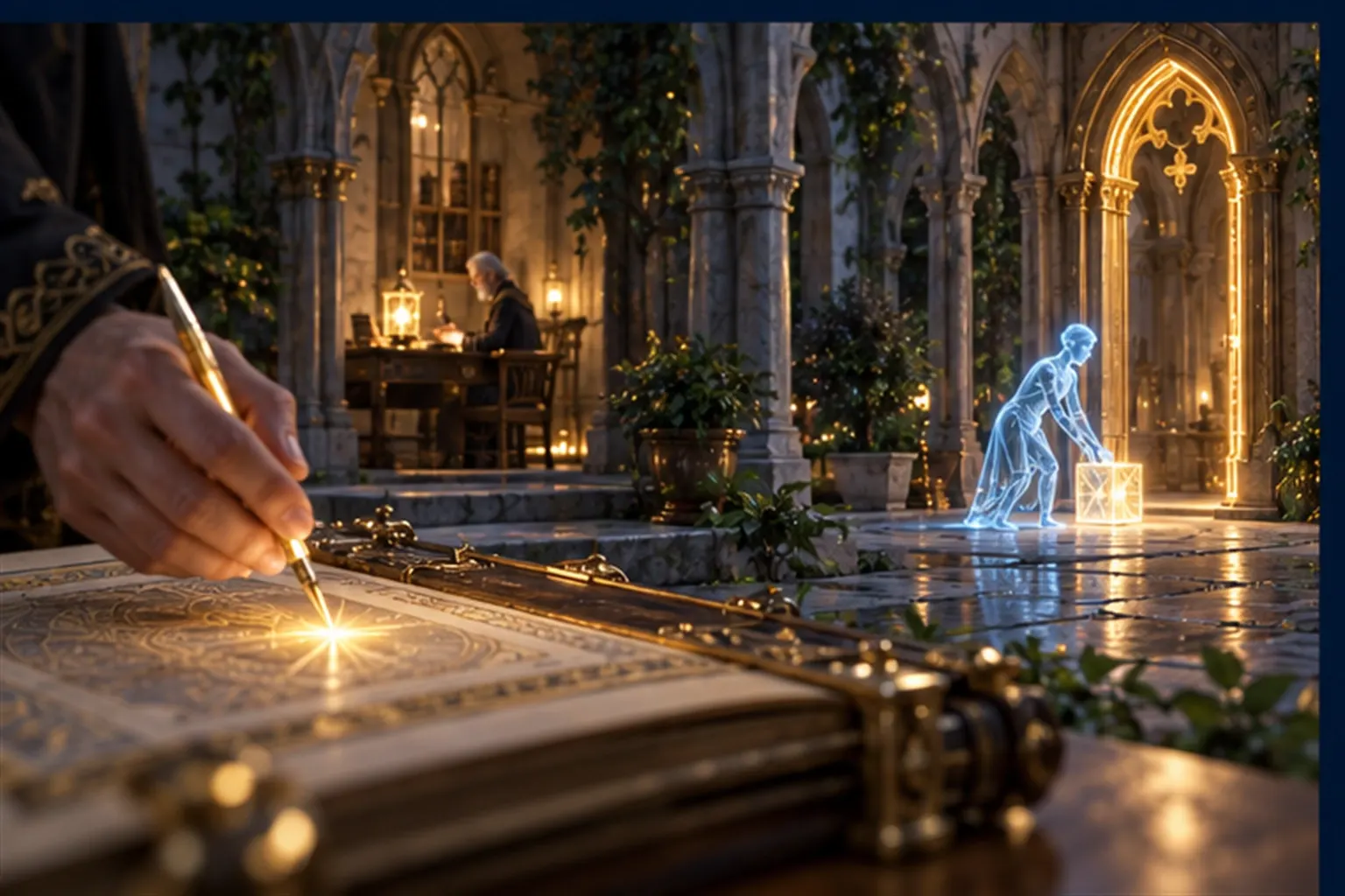 A small cyan agent halts at a gold archway and sets down a glowing parcel while a book records it and a lantern lights on a distant desk.