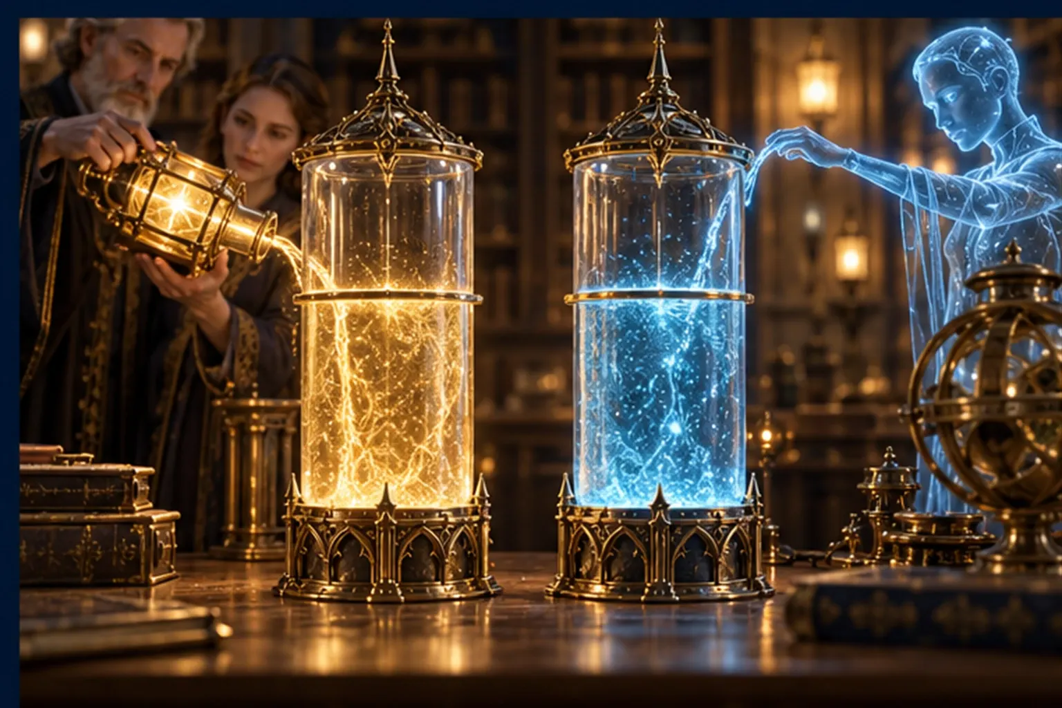 Two matching crystal vessels, one gold and one cyan, filled to nearly the same level beside brass rings on a long oak table.