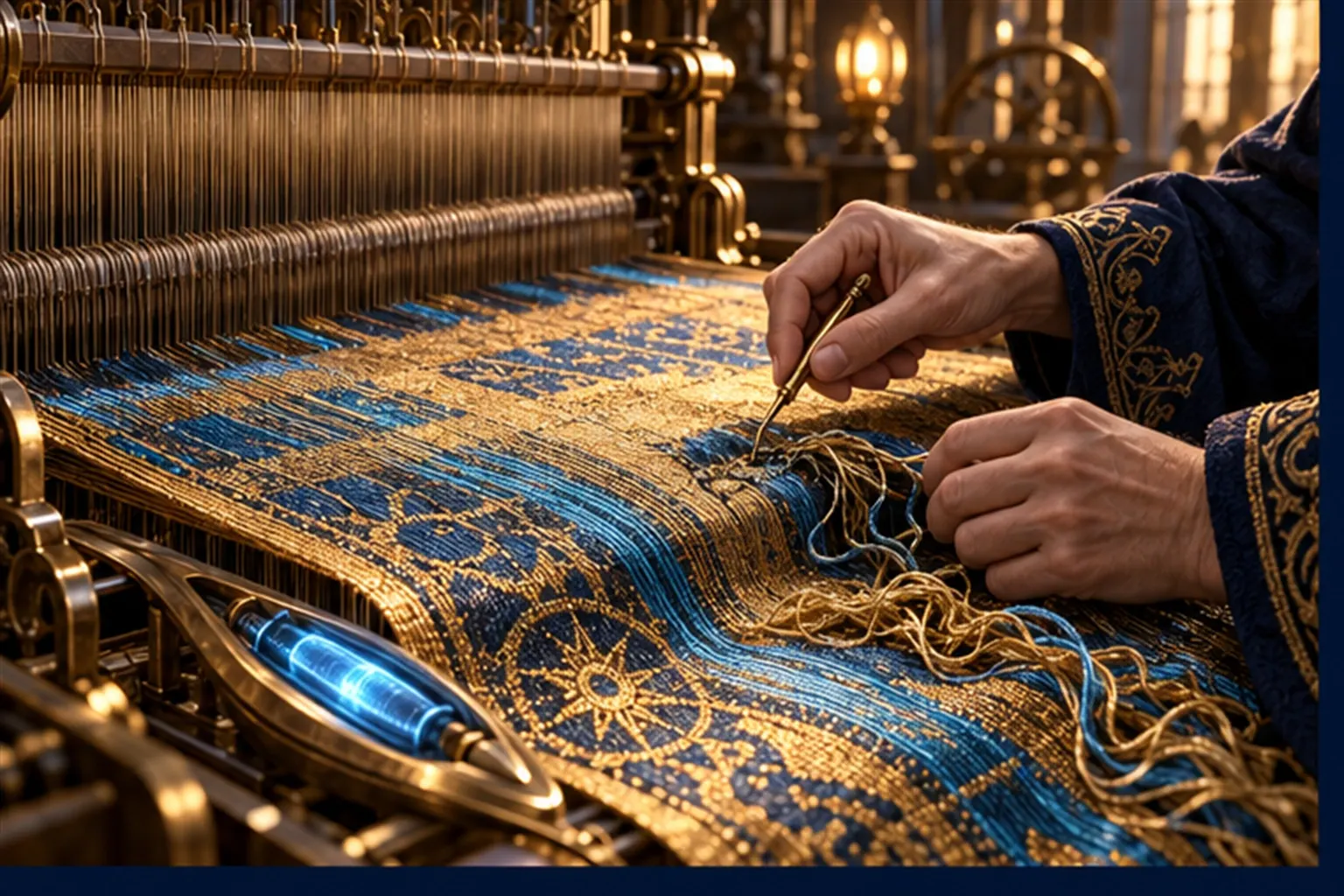 A person's hands unpick one crooked patch of a gold and cyan woven cloth on a loom while a cyan shuttle waits.