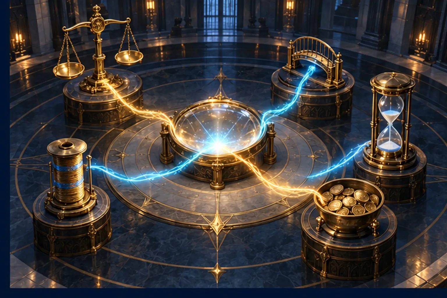 Five brass instruments, a balance, a bridge, a spool, an hourglass and a coin vessel, linked by light conduits to a central lens.