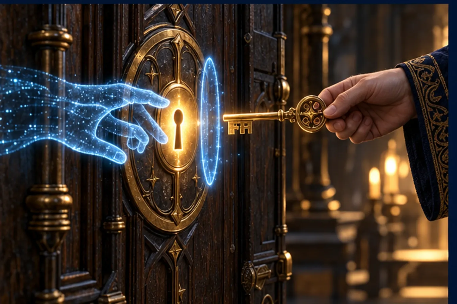 A cyan holographic hand stopped short of a vault keyhole by a ring of light while a human hand holds out a gold key.