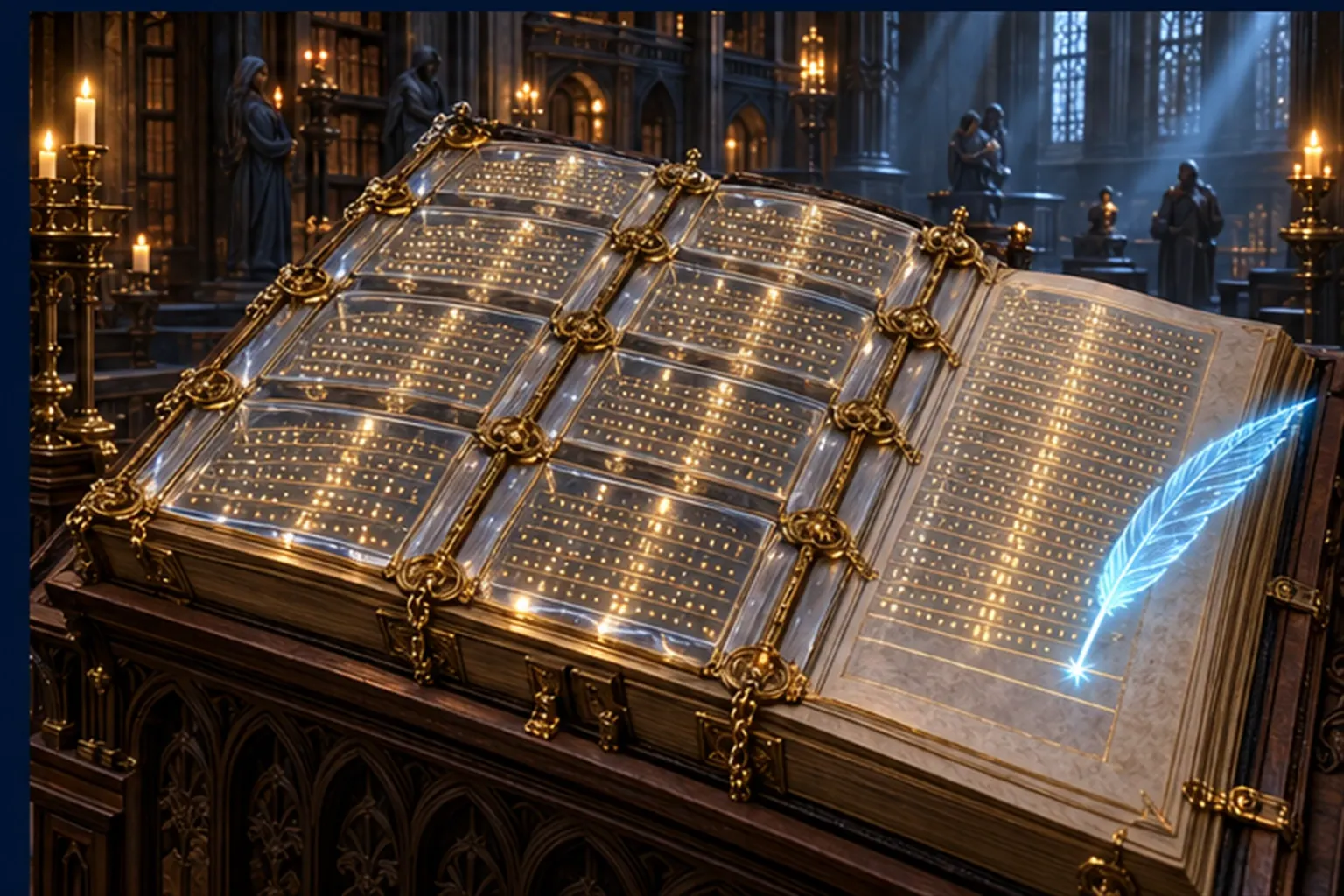 An open record book on an oak lectern with old pages sealed under crystal and a cyan quill adding one new glowing mark.