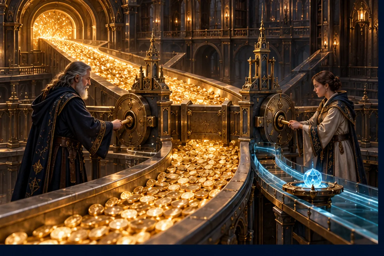 Isometric scene of a coin channel with a switch gate held shut by two locks, two Wizards with keys and a cyan conduit with a waiting tray.