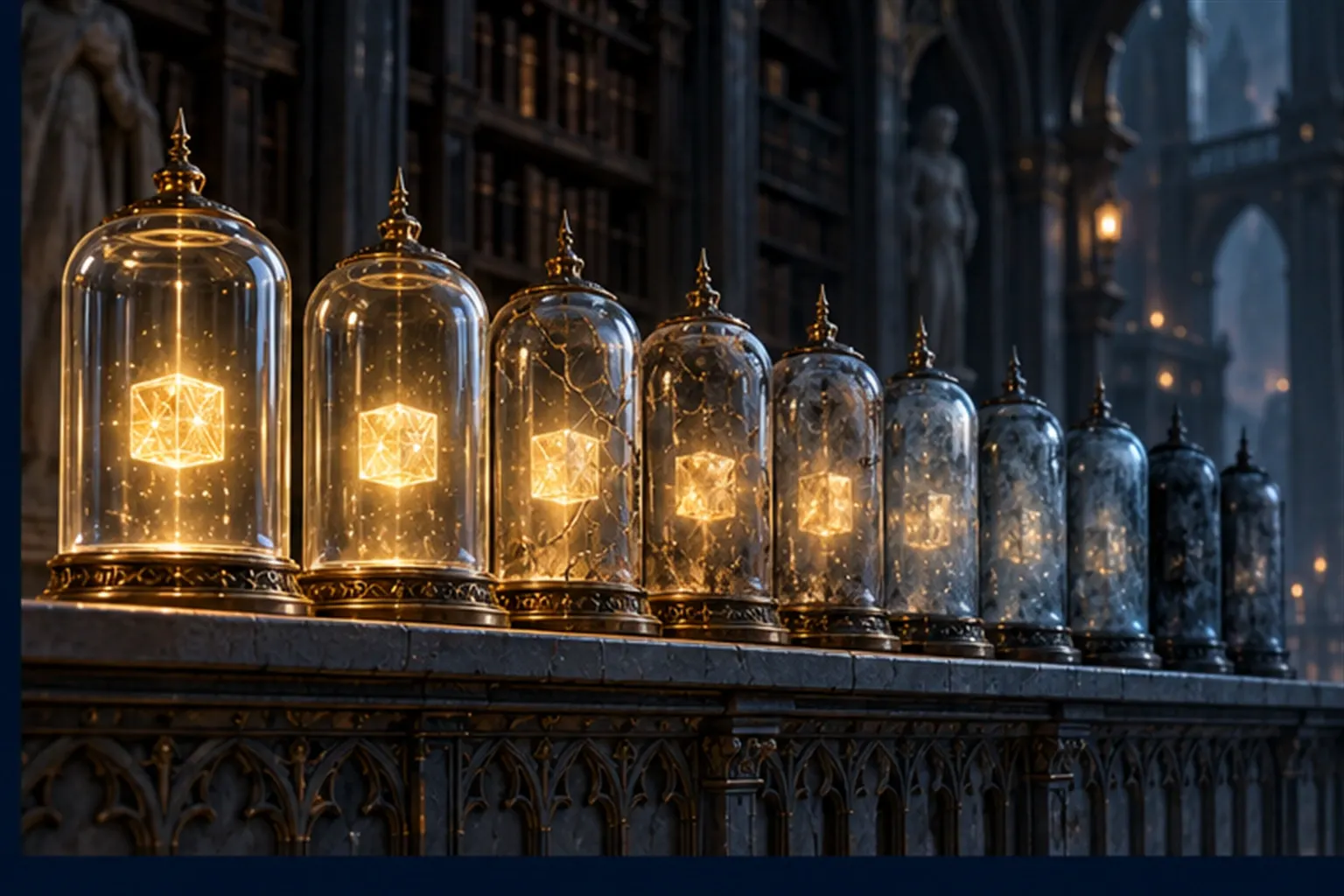 Ten glass bell jars on a stone shelf, the first perfect and each one after it more warped, chipped or dim.