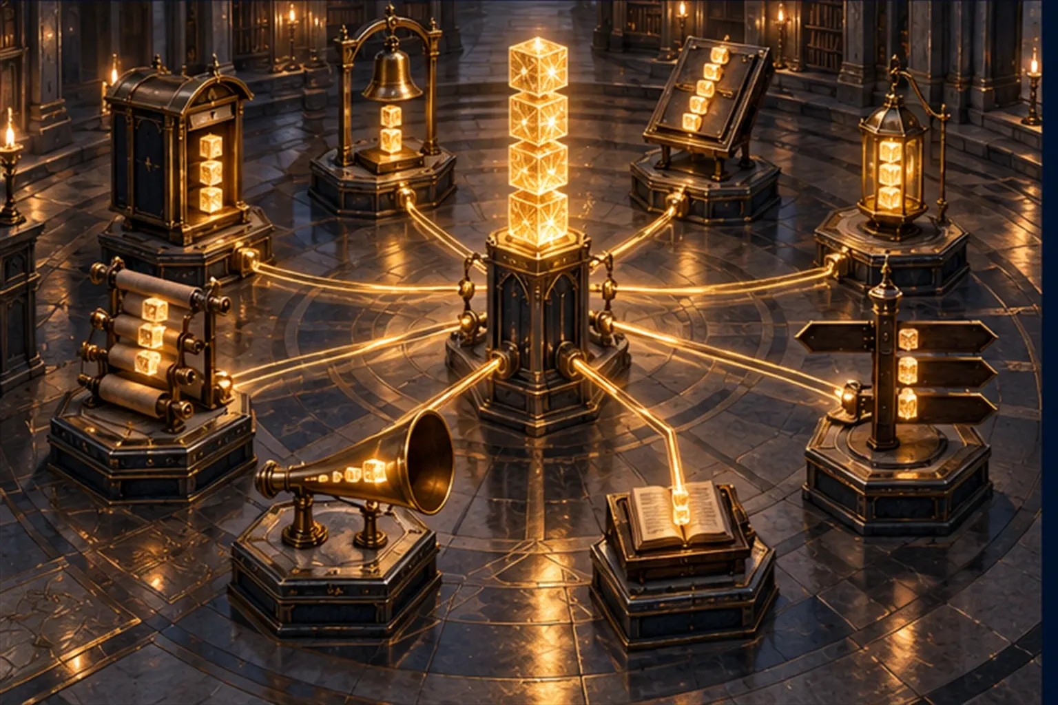 Isometric scene: one pedestal of gold blocks linked by conduits to eight small stations, each showing the same blocks rearranged.
