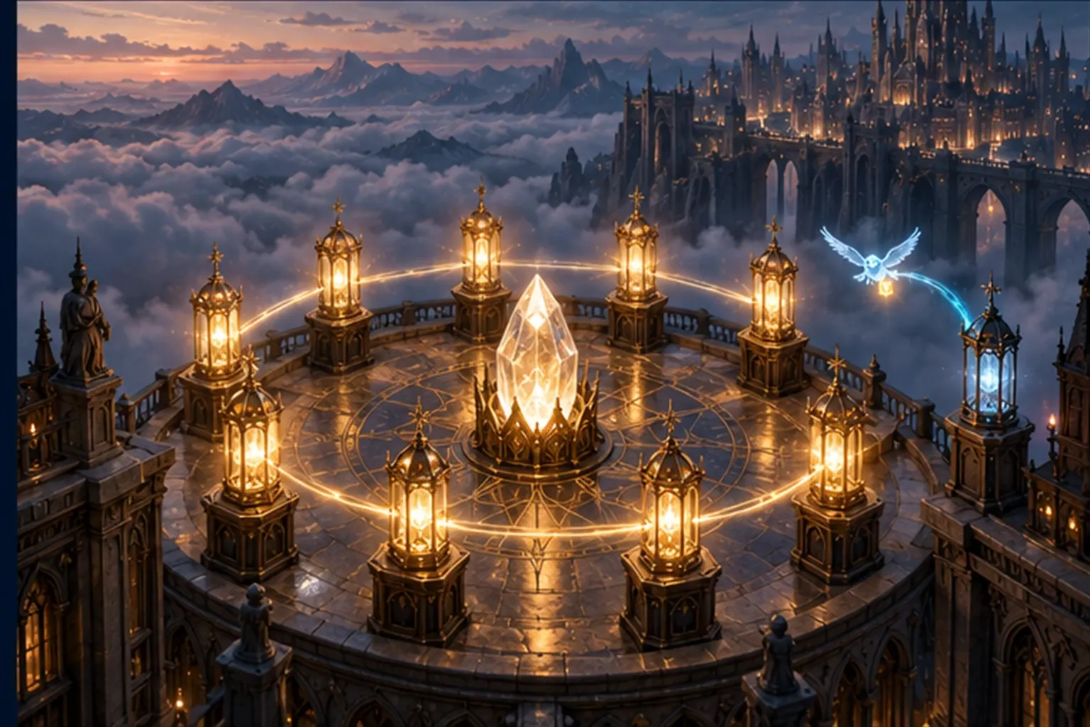 Aerial view of ten lantern posts around a crystal, nine lit gold, with a small winged light carrying a spark to the last dim one.