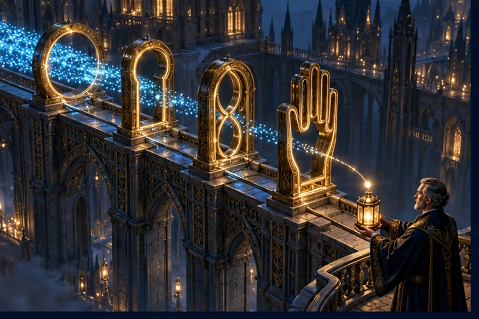A stream of cyan sparks thins as it passes four different gold archways, leaving one gold spark that lands in a held lantern.