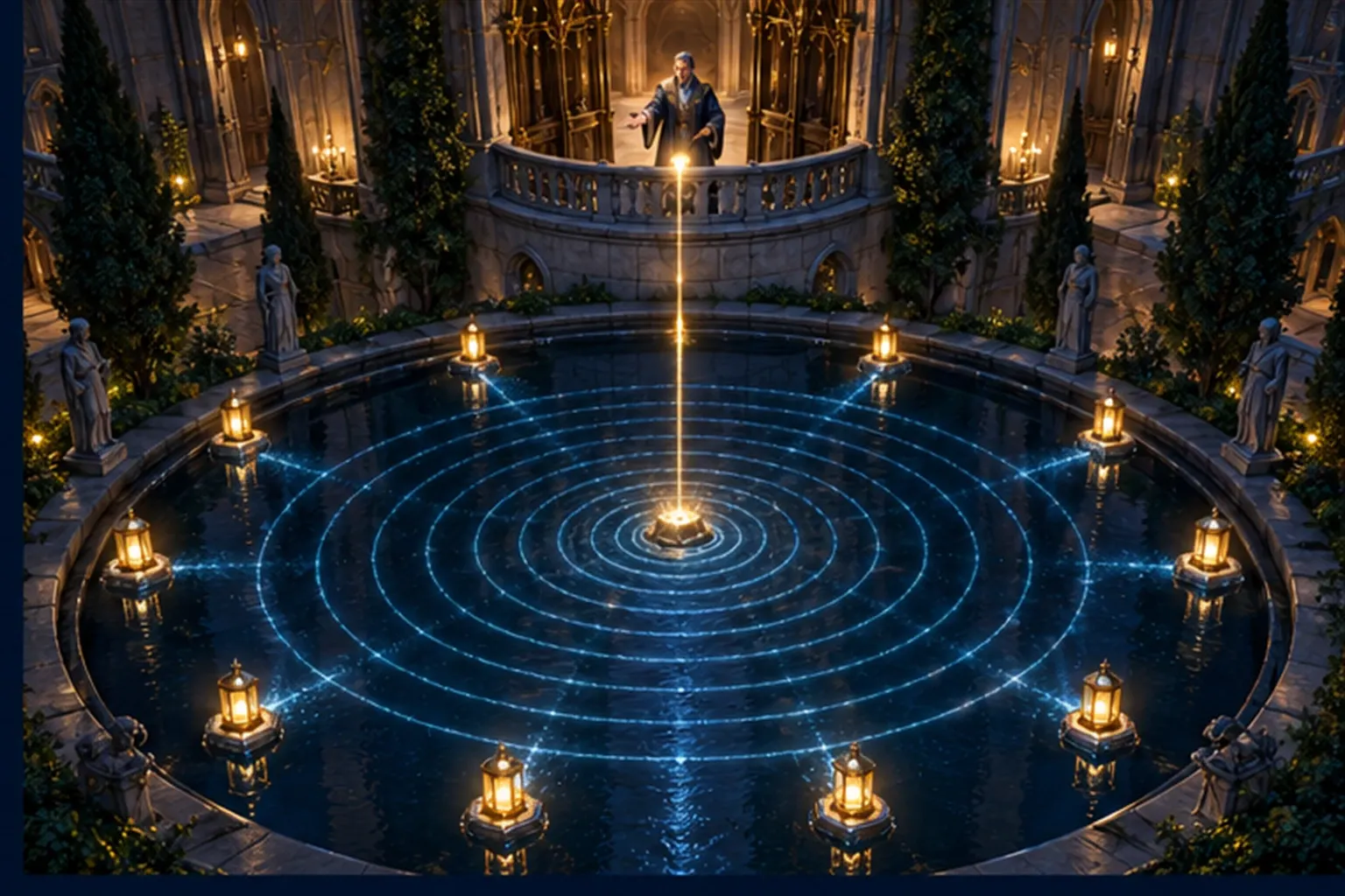 Aerial view of a dark pool where one fallen stone sends ripples to ten floating lanterns, and one beam rises to a person on a balcony.