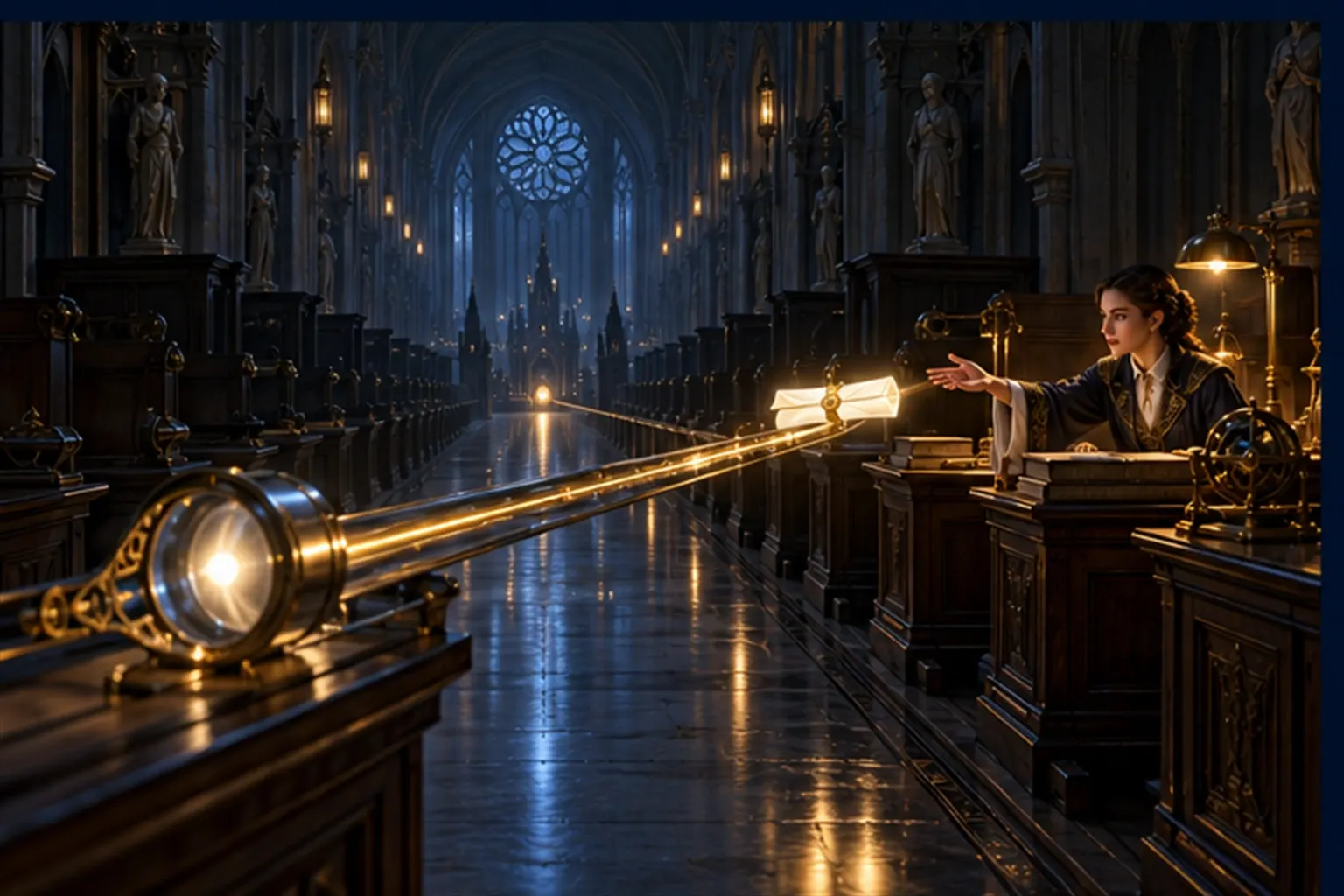 A folded message of light slides along a brass rail down a dark hall to one lit desk where a young woman reaches for it.