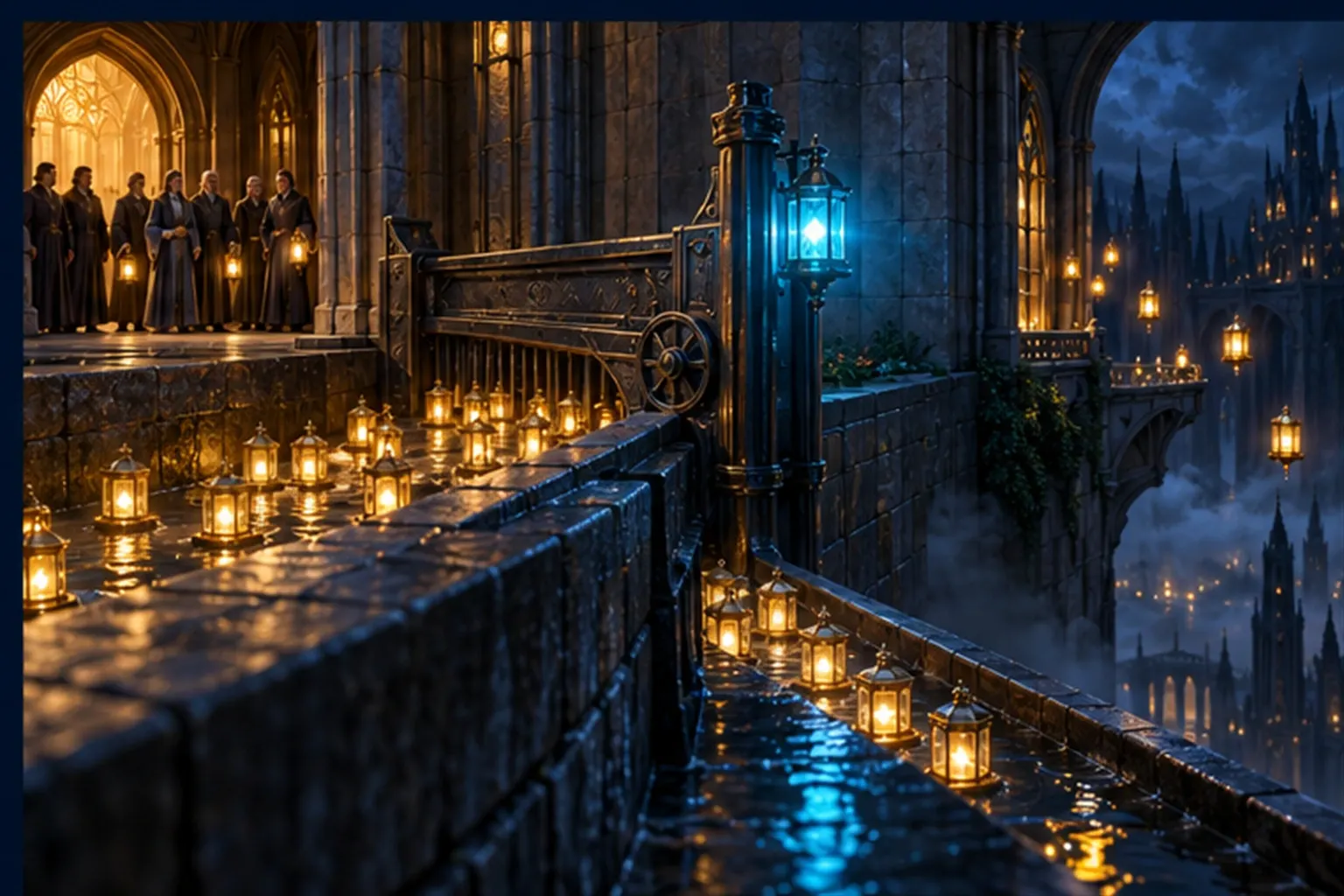 A sluice gate sends gold lanterns down a side channel where some drift out a window into the night, while a cyan lamp glows.