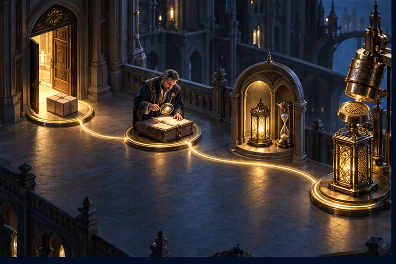 Isometric path with three stations, a delivered parcel, a lens over a book and a lantern by an hourglass, ending in a gold seal.