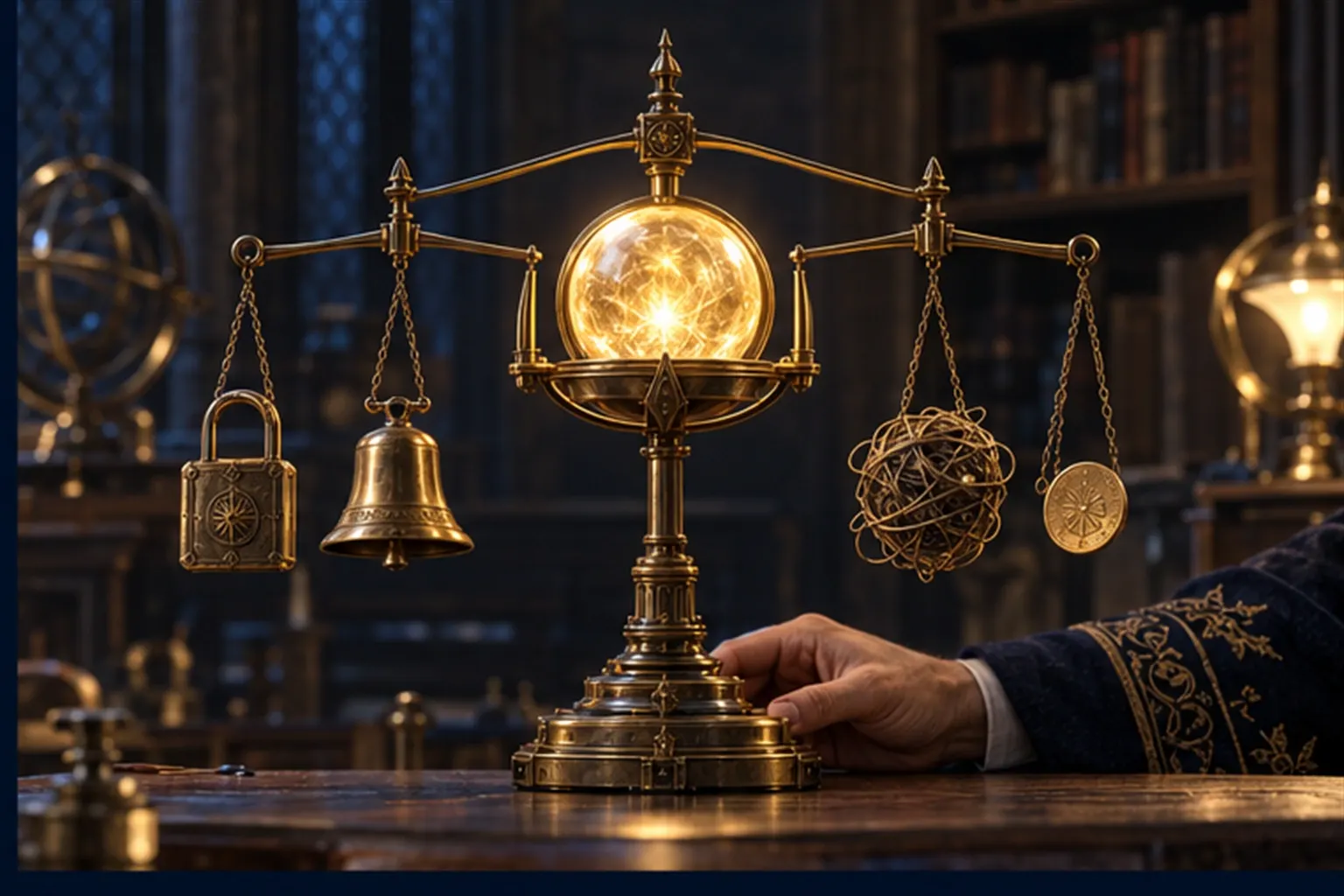A brass balance holds a gold orb level against a padlock, a bell, a spool and a coin, with a hand steadying the base.