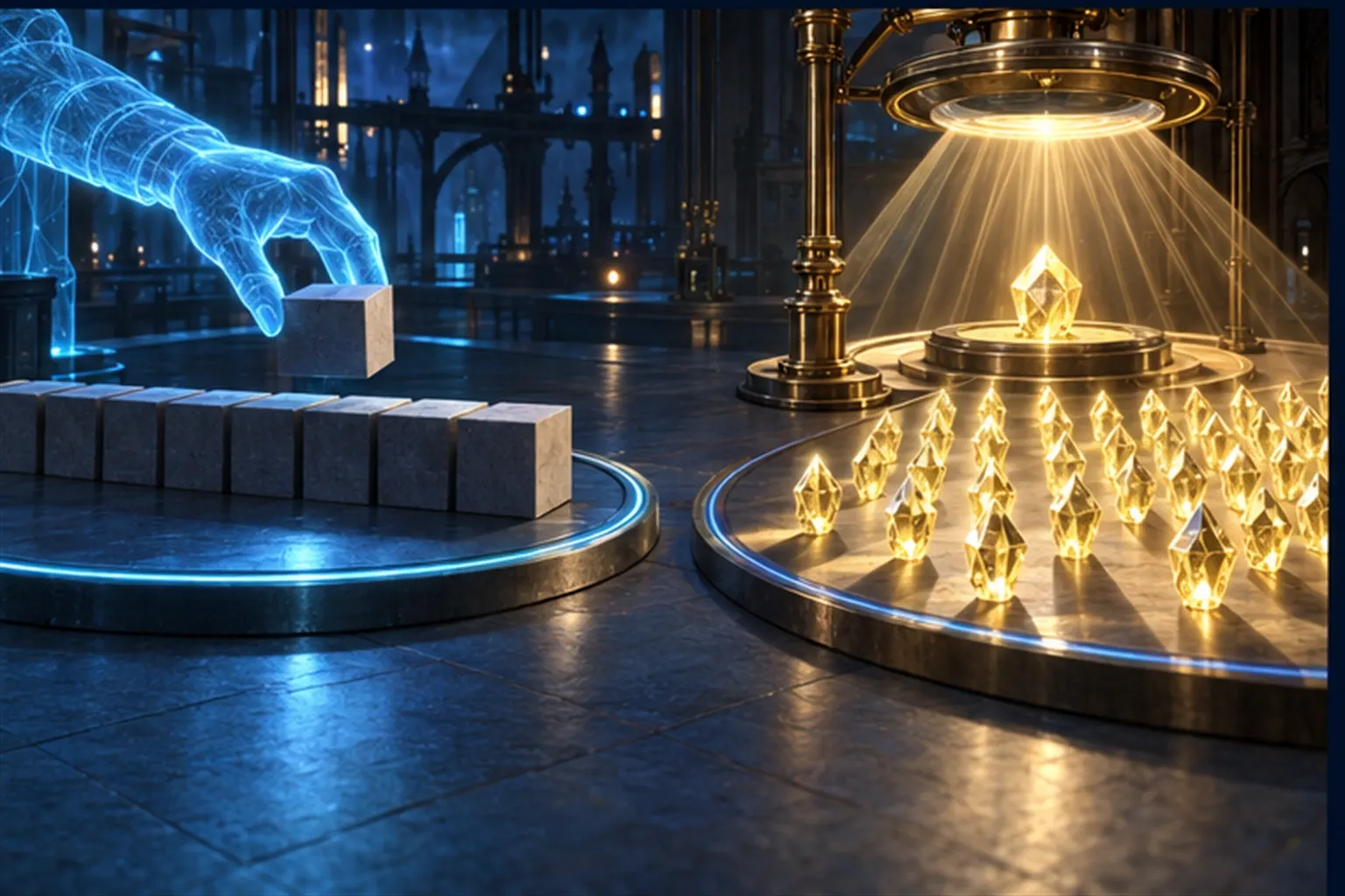 Isometric scene comparing a row of grey blocks added one at a time with one gold crystal copied into many by a brass lens frame.