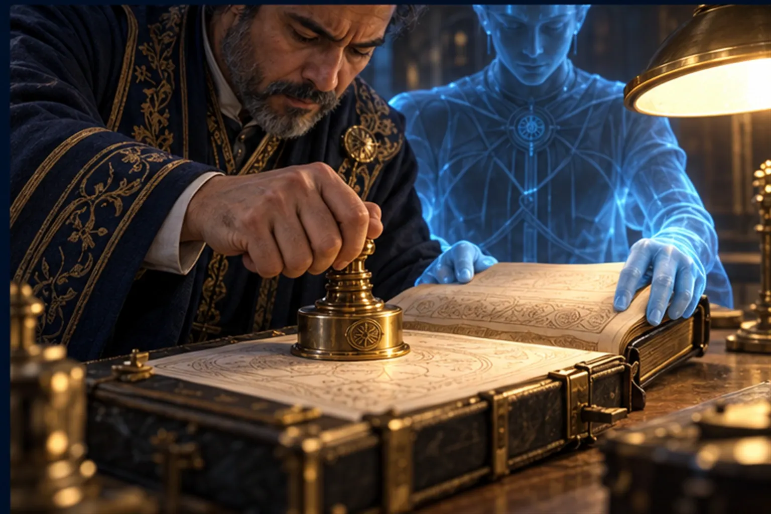 A man's hands press a brass seal onto a folio under a lamp while a cyan holographic figure holds the folio open behind him.