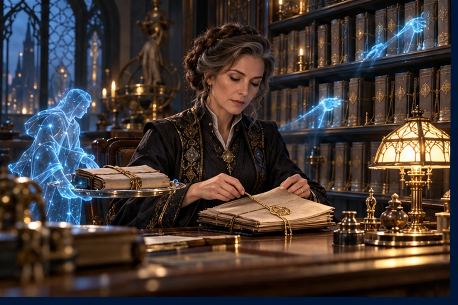 A woman at a tall desk opens one prepared folio delivered by a small cyan light while a shelf of routine folios is handled behind her.