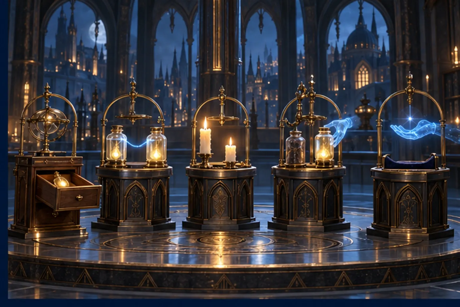 Five archive stations on a round platform: a drawer, two linked jars, two candles, a jar swap and an empty plinth.
