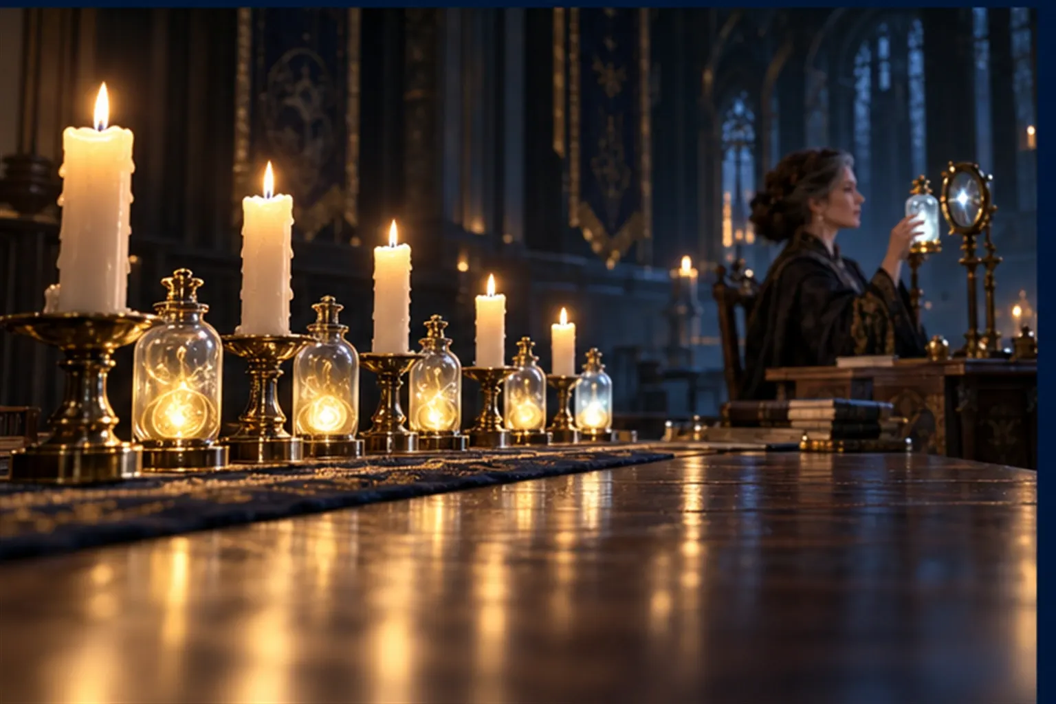Six candles burnt to descending heights beside glass phials on a long table, with a person holding the last phial to a lens.