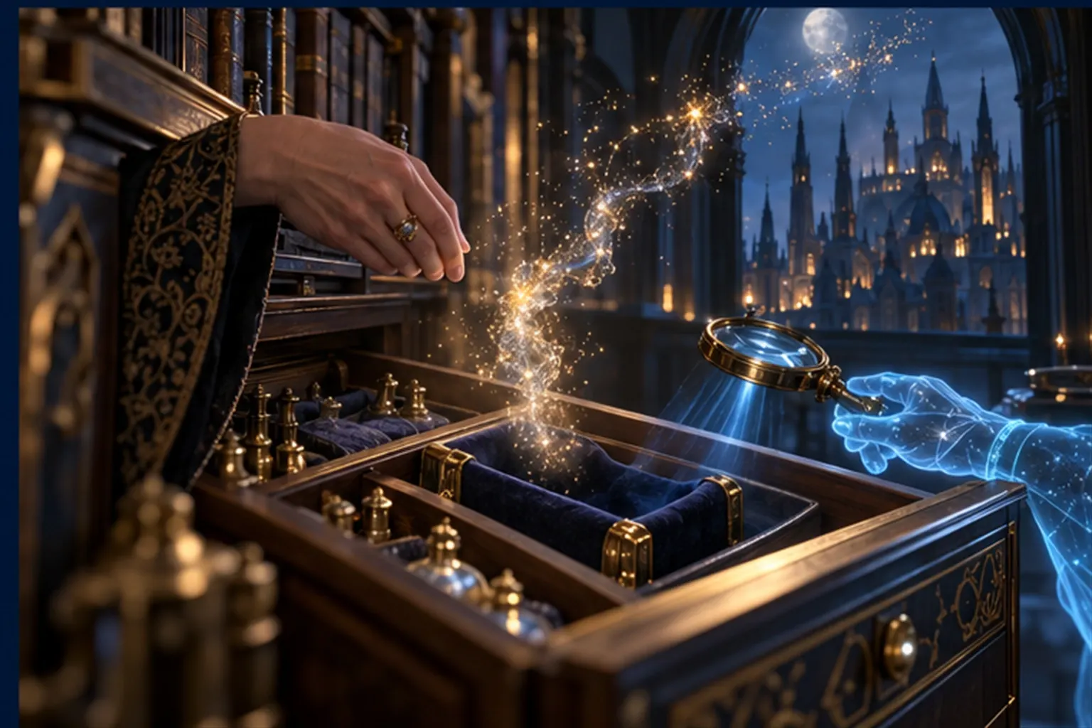 An open archive drawer with a phial dissolving into rising motes and a cyan hand checking the empty cradle with a brass lens.
