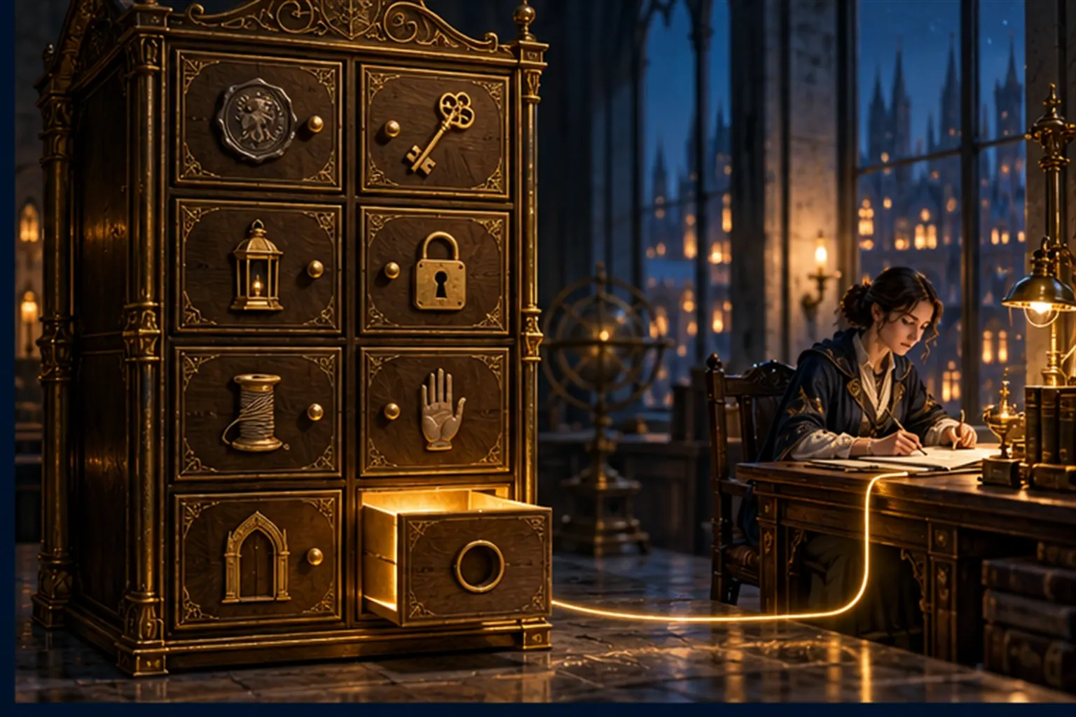 A brass cabinet of eight differently shaped drawers with distinct emblems, the last open and empty, linked by a gold line to one lit desk.