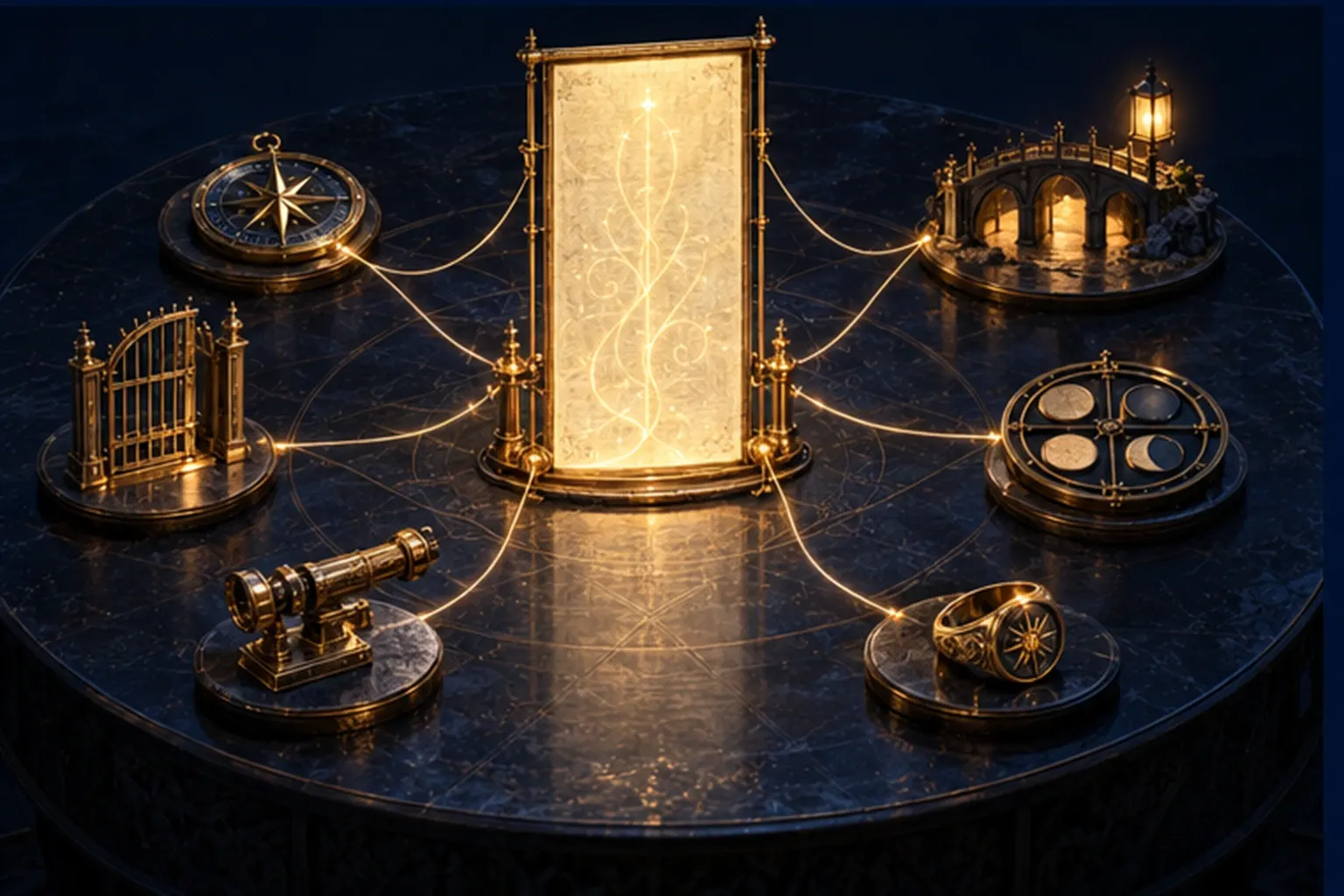 A tall glowing parchment in a gold frame at the centre of a round table, joined by gold threads to six small objects