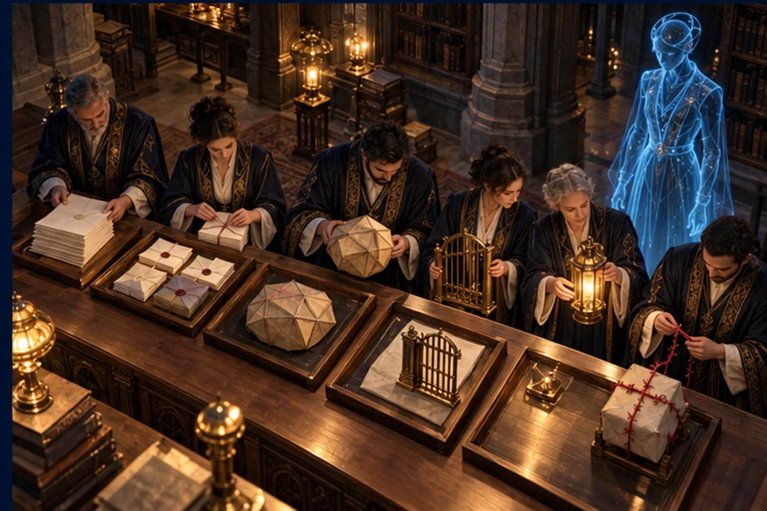 Wizards lay out six trays of test material on a long archive table while a cyan agent figure looks on