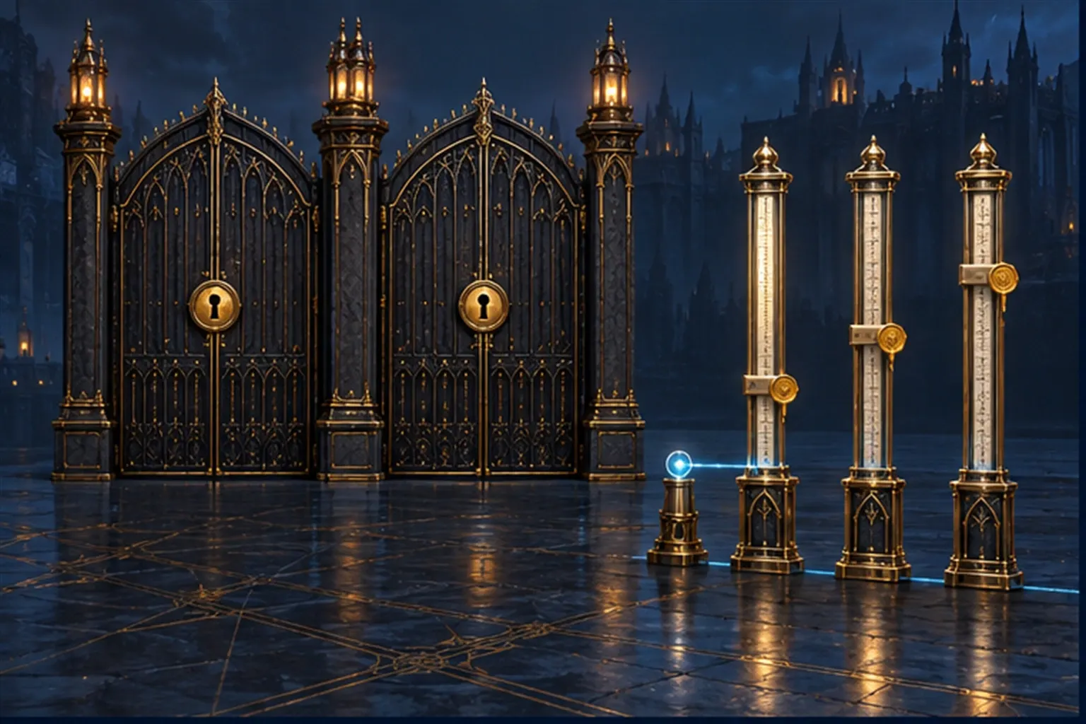 Two shut iron gates with gold keyholes beside three brass gauge columns with sealed sliding markers